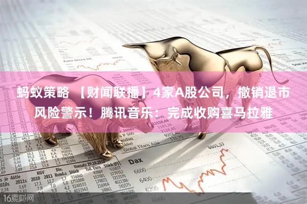 蚂蚁策略 【财闻联播】4家A股公司，撤销退市风险警示！腾讯音乐：完成收购喜马拉雅